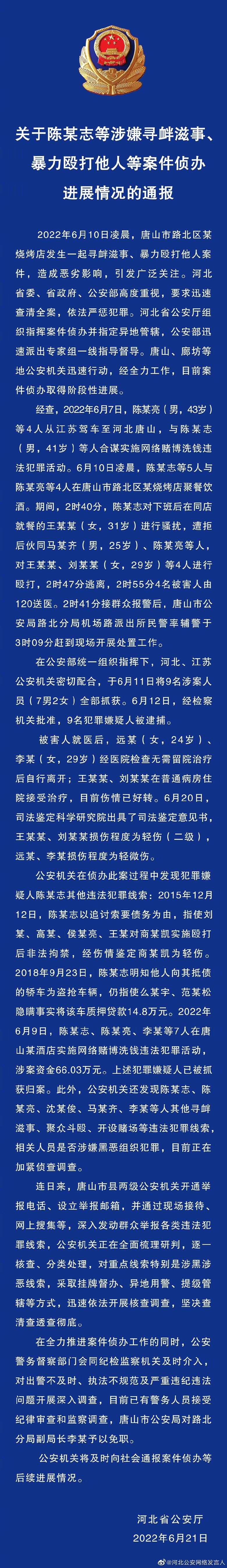 關(guān)于陳某志等涉嫌尋釁滋事、暴力毆打他人等案件偵辦進(jìn)展情況的通報
