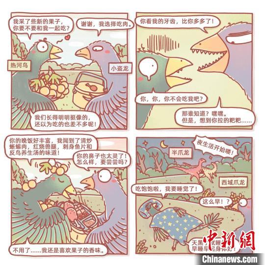 根據(jù)此次熱河鳥研究成果繪制的漫畫(燁子/繪)。　中科院古脊椎所 供圖