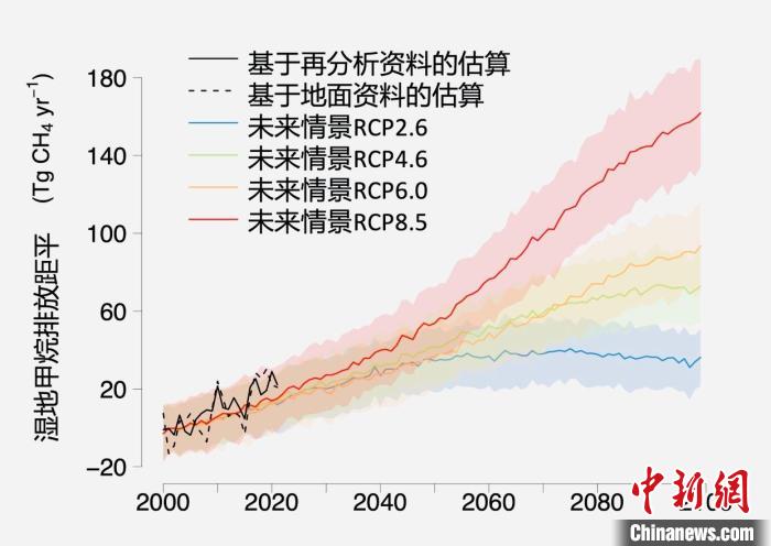 基于觀測的濕地甲烷排放變化與未來氣候變化情景下估算的對比?！≈锌圃呵嗖馗咴?供圖