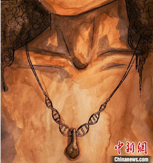 墜飾藝術(shù)再現(xiàn)圖，圖中吊墜繩為DNA螺旋樣式(圖片作者M(jìn)yrthe Lucas)?！∈┢樟指瘛ぷ匀?供圖