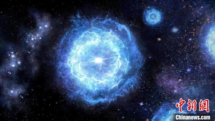 第一代超大質(zhì)量恒星演化成為“對(duì)不穩(wěn)定超新星”的藝術(shù)展示圖?！≈锌圃簢?guó)家天文臺(tái) 供圖