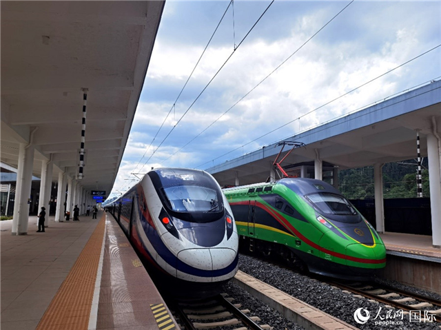 “復(fù)興號”和“瀾滄號”國際旅客列車?？吭诶蠐肽ザ≌?。人民網(wǎng) 杜明明攝