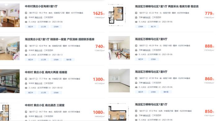 北京市海淀區(qū)部分高單價二手房源截圖。