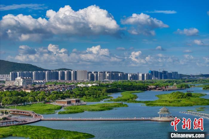 資料圖：航拍蘇州太湖湖濱國家濕地公園，藍(lán)天碧水生態(tài)美。 泱波 攝