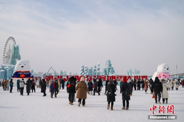 1月4日，第25屆哈爾濱冰雪大世界內(nèi)的冰雕吸引游客觀看。白天的冰雪大世界，游客仿佛置身現(xiàn)實版“冰雪奇緣”。<a target='_blank' href='/'><p  align=