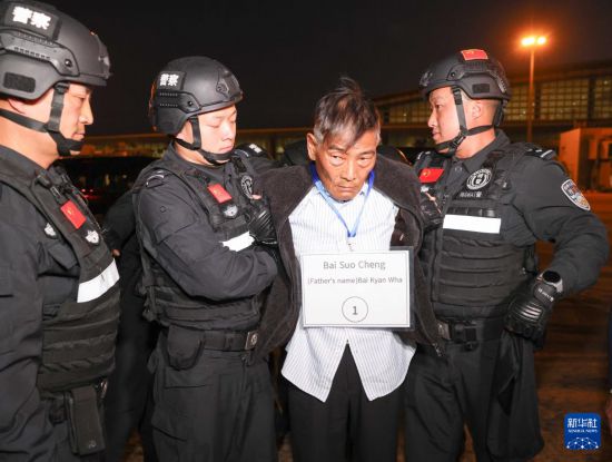 1月30日，在緬甸內(nèi)比都國際機(jī)場，緬甸警方依法向我公安機(jī)關(guān)移交緬北重大犯罪嫌疑人白所成。新華社記者 殷剛 攝