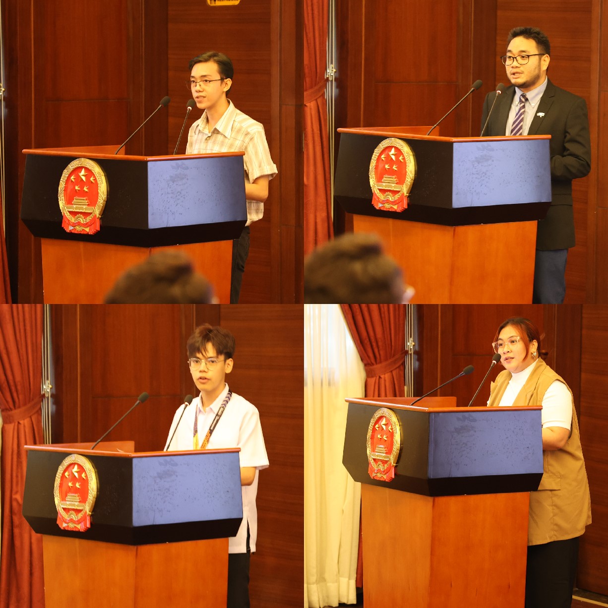 菲律賓大學(xué)、菲律賓師范大學(xué)的4位學(xué)生和校友代表現(xiàn)場發(fā)言向中方表示感謝并分享體會。駐菲律賓使館 供圖