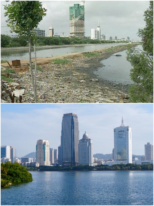 上圖：筼筜湖治理前資料圖。下圖：筼筜湖如今的美麗風(fēng)光。人民網(wǎng)記者 吳超嵐攝