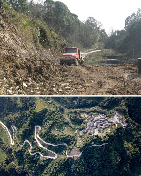 拼版照片：上圖為2011年12月拍攝的湖南省湘西土家族苗族自治州花垣縣十八洞村進村道路；下圖為2019年9月拍攝的十八洞村及進村道路。