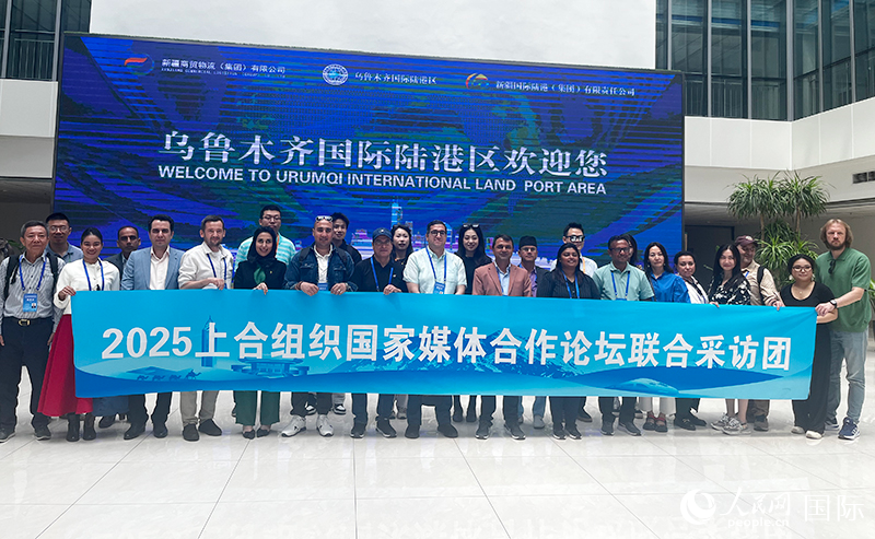 5月26日，外國媒體人在烏魯木齊國際陸港區(qū)合影留念。 人民網(wǎng)記者 翟轉(zhuǎn)麗攝