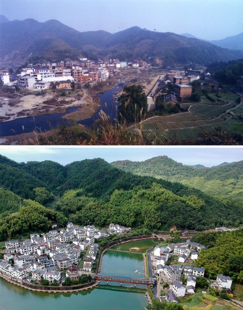 圖為浙江省杭州市淳安縣楓樹嶺鎮(zhèn)下姜村拼版圖，其中上圖為資料照片、下圖由新華社記者張鋮攝。