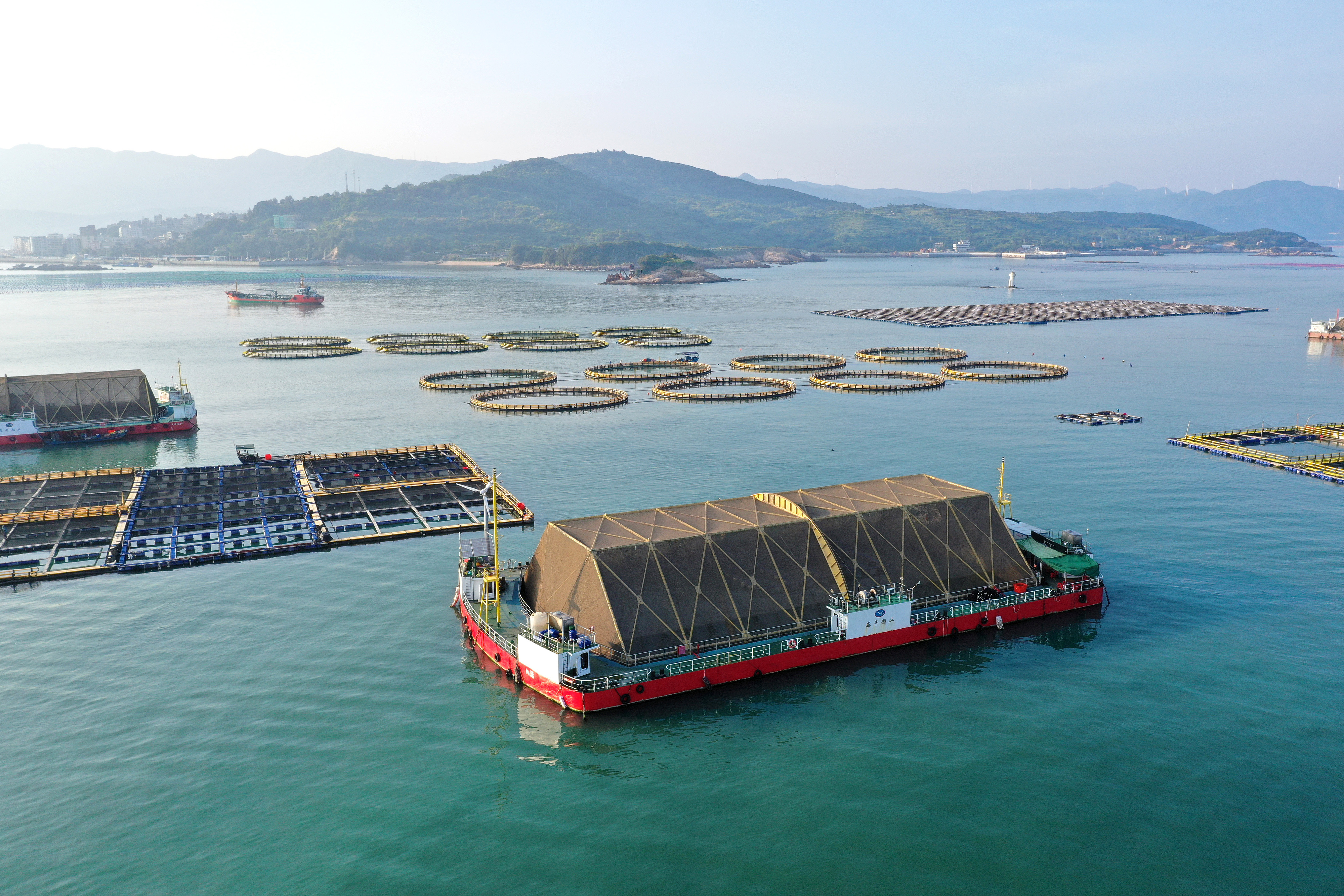 2024年9月10日拍攝的福建省福州市連江縣定海灣海域的現(xiàn)代化“海上糧倉(cāng)”。