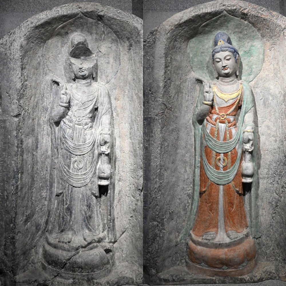 左圖為龍門石窟萬佛洞窟前南壁菩薩造像的3D打印模型；右圖為利用數(shù)字化技術(shù)復原后的3D打印模型（2025年4月10日攝，拼版照片）。復原后的像龕精妙絕倫，栩栩如生，被游客譽為“龍門最美菩薩”。圖片來源新華社