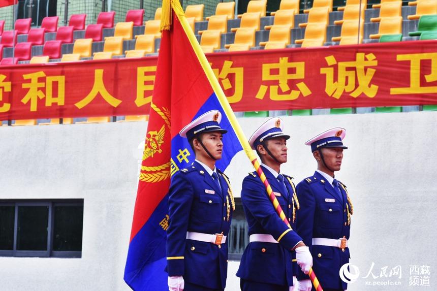 迎國家綜合性消防救援隊(duì)伍隊(duì)旗。人民網(wǎng) 李海霞 攝