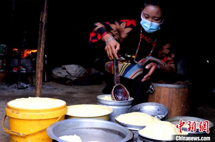 圖為牧民正在制作酥油?！∪湛t文聯(lián)供圖