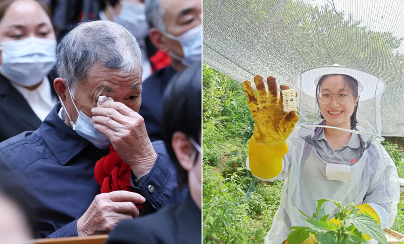 左圖為2021年2月25日，黃文秀的父親黃忠杰在全國脫貧攻堅表彰大會上；右圖為黃文秀生前工作照。